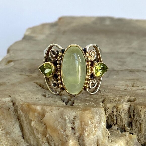 Michou Sterling Silver 925 Vermeil Oval Prehnite Peridot Scrollwork Ring Sz 6.25 - Picture 1 of 16